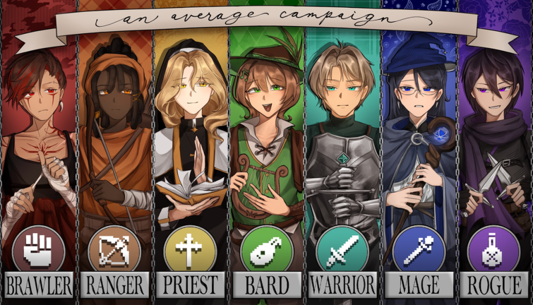 The seven playable classes of An Average Campaign side by side