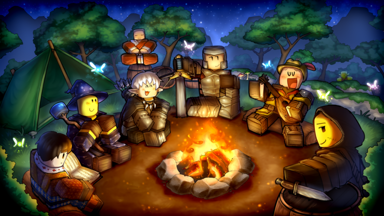 An adventurer party resting around a campfire in An Average Campaign