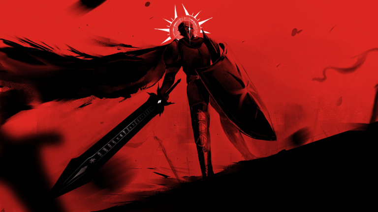 A knight silhouette facing a giant sword in red and black art from An Average Campaign